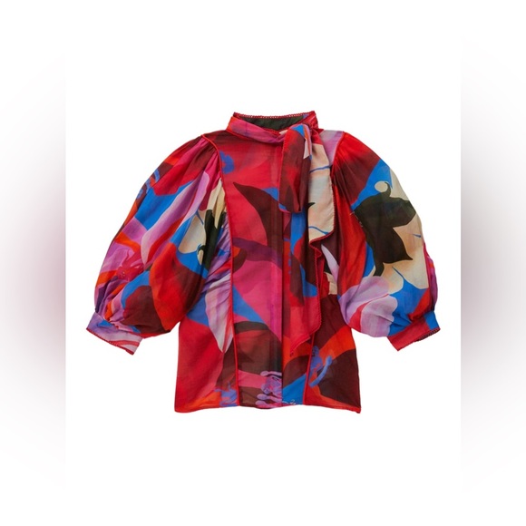 Farm Rio Watercolor Floral 3/4 Balloon Sleeve Blouse Button-Down Top Size Small - Picture 2 of 13